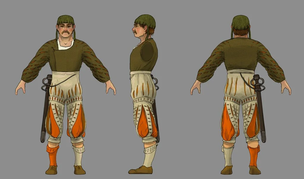 A character in traditional military-looking attire with a sidearm, seen from front, side, and back views, with brown, orange, and beige clothing and a green cap.
