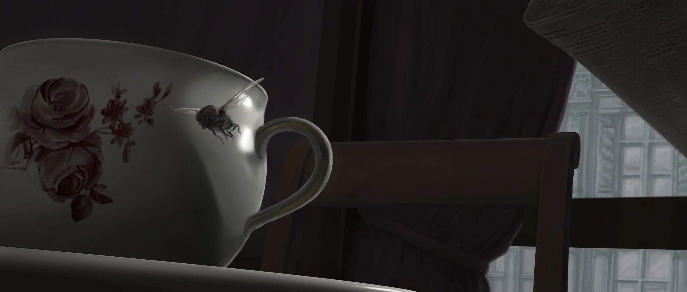 A teapot with a floral design and a fly on it, placed on a table near a wooden chair, with a window in the background.