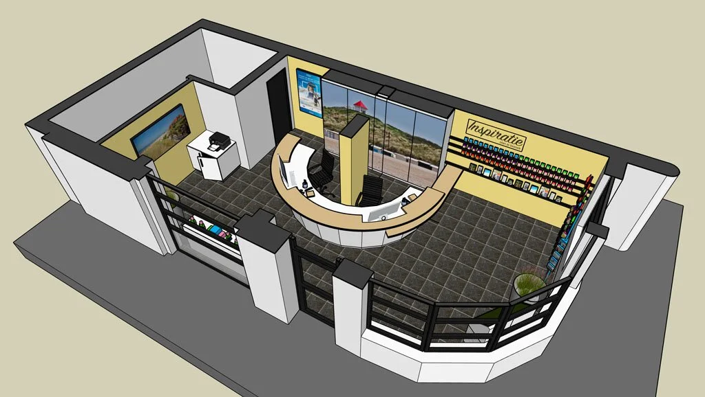 3D rendering of a small office or reception area with a curved reception desk, large window with a view of a beach and ocean, a wall with colorful books or products, and a small side room with a computer and printer.