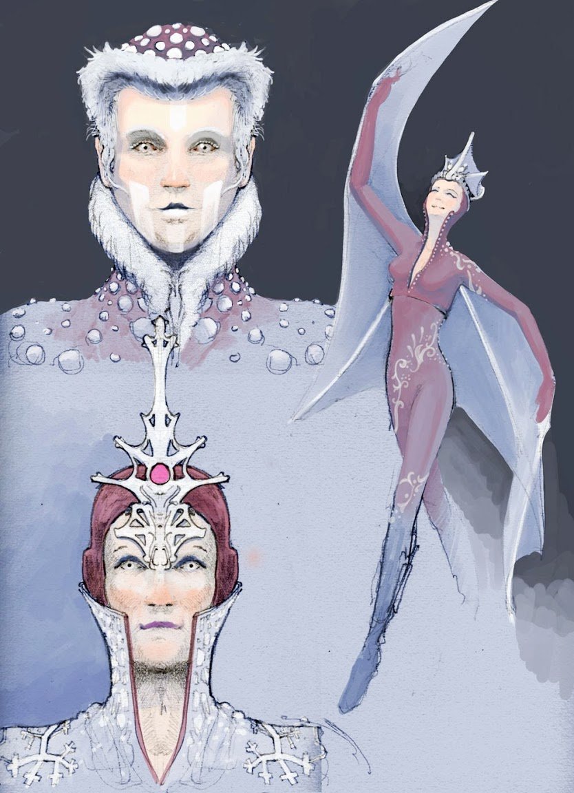 Illustration of three fantasy characters: a regal figure with silver hair, a decorated queen with a crown, and a fairy with wings and a staff, all with icy or winter-themed attire and backgrounds.
