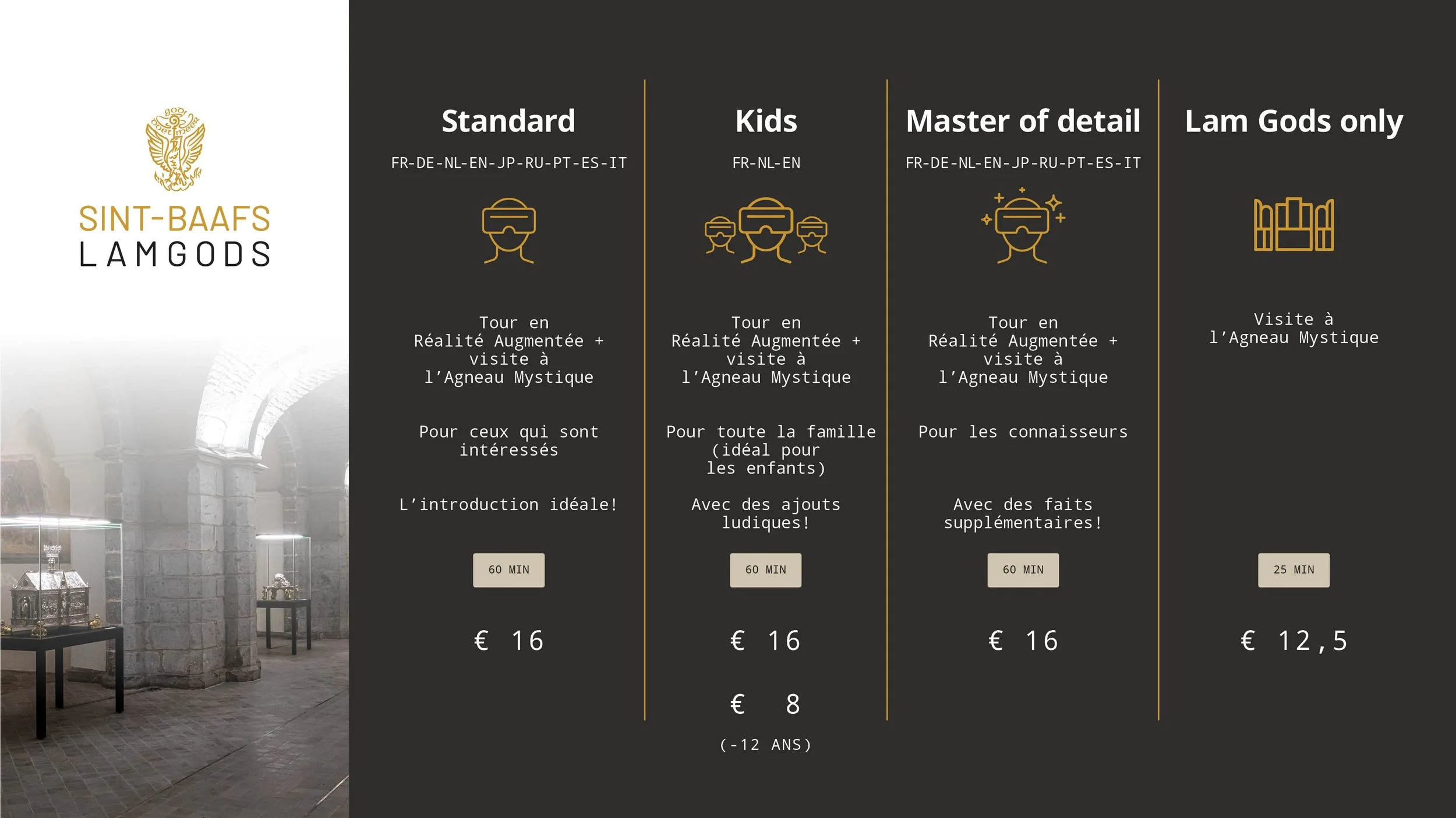 Digital informational sign with four sections advertising augmented reality tours of the Saint-Baafs Lamb Gods, each with different features and prices, in French and other languages.
