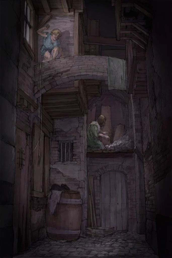 Children playing in a rustic, multi-level alleyway with a barrel, a wooden door, a small barred window, and a staircase. One child is leaning out from an upper window, and another is sitting on a ledge, reading.
