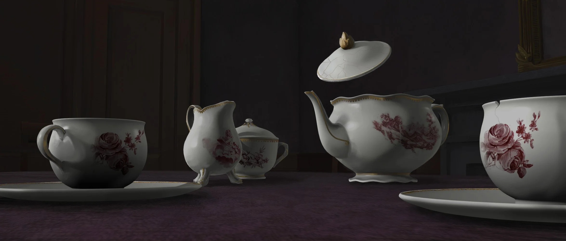 Broken and disarranged porcelain teapot set with floral patterns on a purple tablecloth.
