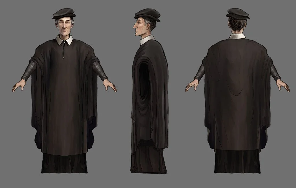 Digital illustration of a judge in robes, wearing a legal cap, shown from front, side, and back views against a gray background.