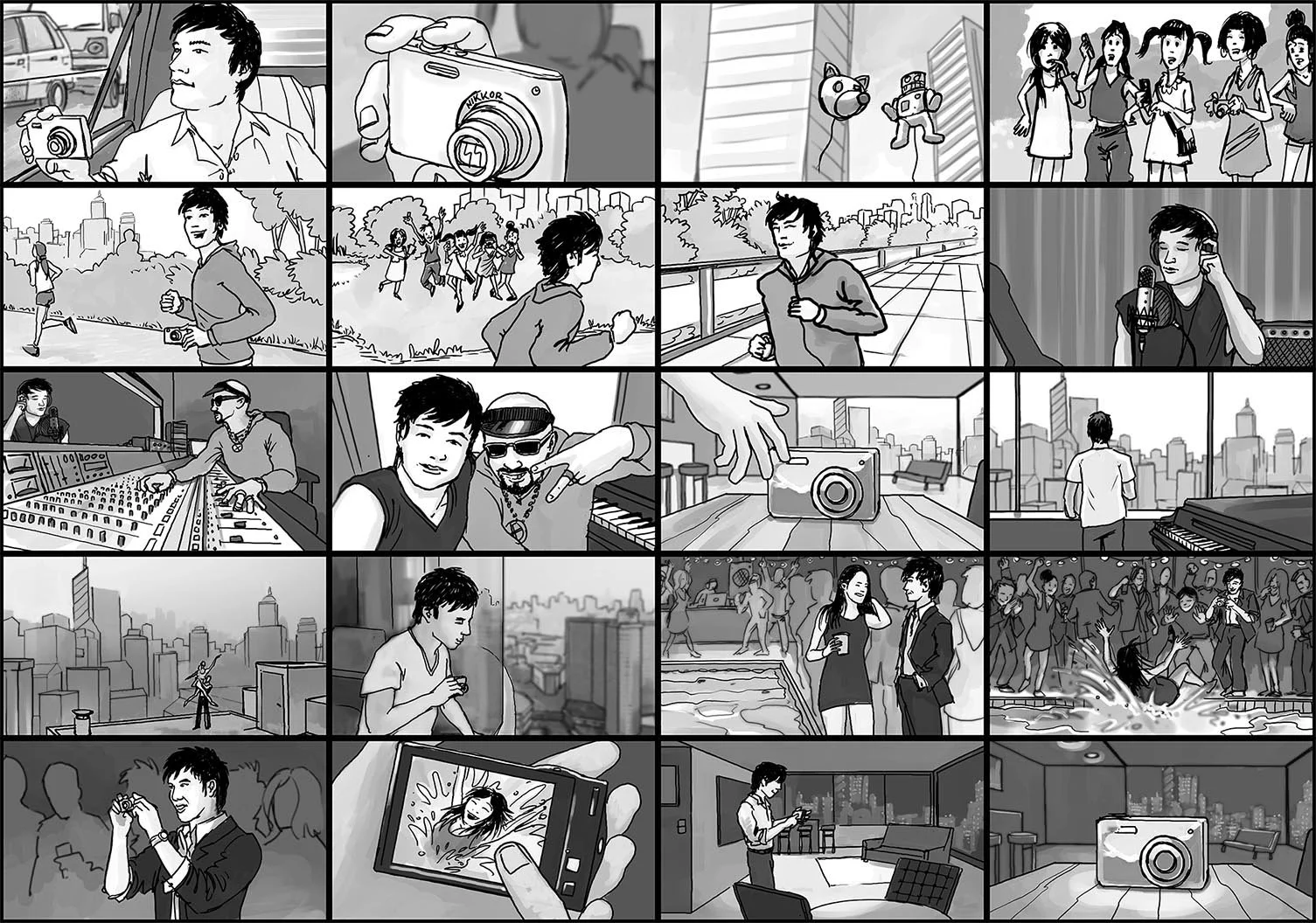 A collage of black-and-white illustrations showing a young man engaging in various activities: taking photos, running in the park, recording music, DJing, posing, and taking selfies, with cityscapes, friends, and a party scene in the background.