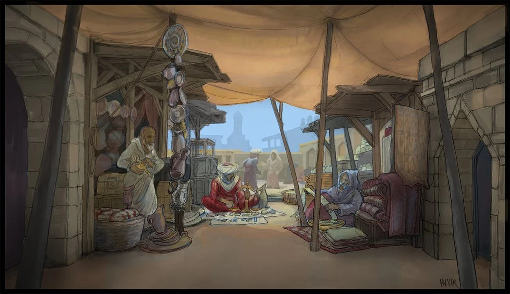 A bustling marketplace scene in a Middle Eastern or North African setting, with vendors selling jewelry and textiles under large beige tents.