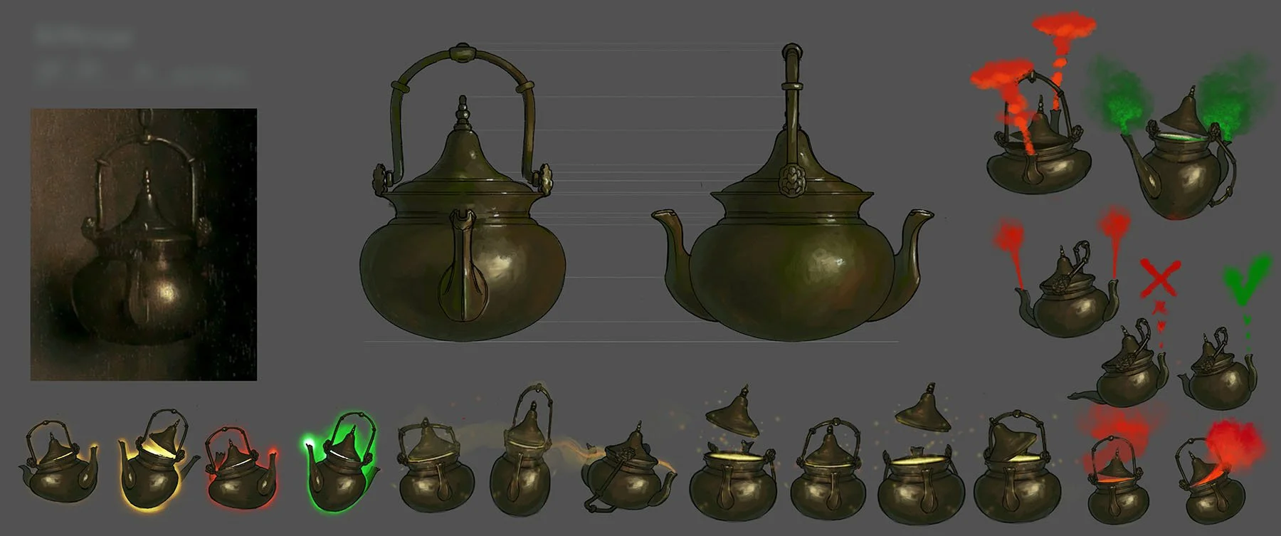 A digital illustration of a vintage kettle with various stages of animation, heat, and steam effects. The animation demonstrates safe and unsafe heating behaviors with color-coded indicators.