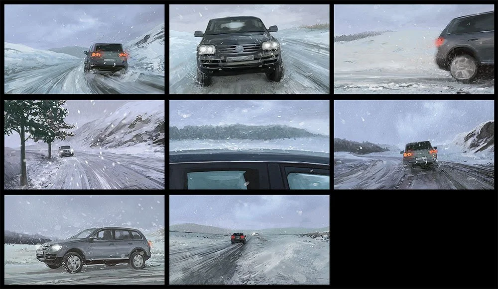 Multiple images of cars driving on snowy, icy roads and landscapes during snowfall.