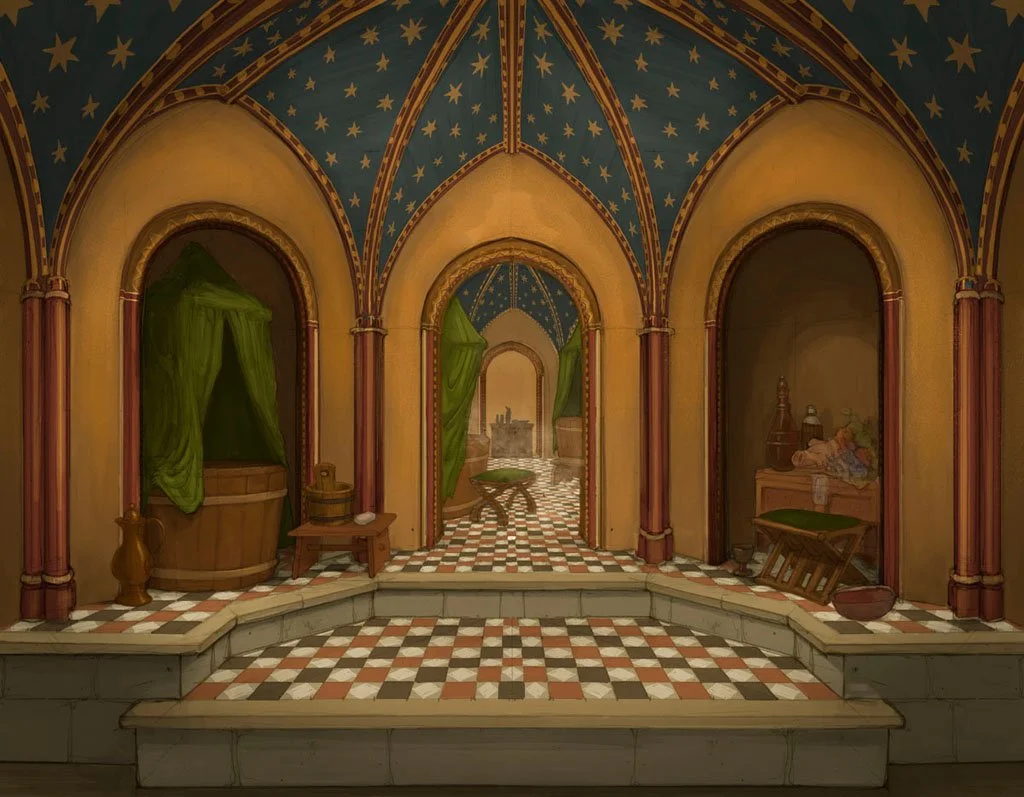 Painting of an ornate, starry ceiling and arched doorways in a fantasy castle interior, with furnished bedroom scenes visible through the openings.