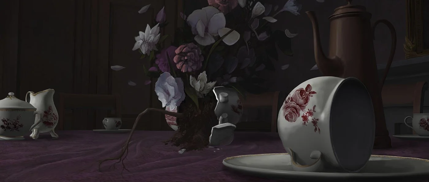 A table set with floral teaware and a vase with flowers, some broken pieces, including a teacup on its side, with a wood-paneled wall in the background.