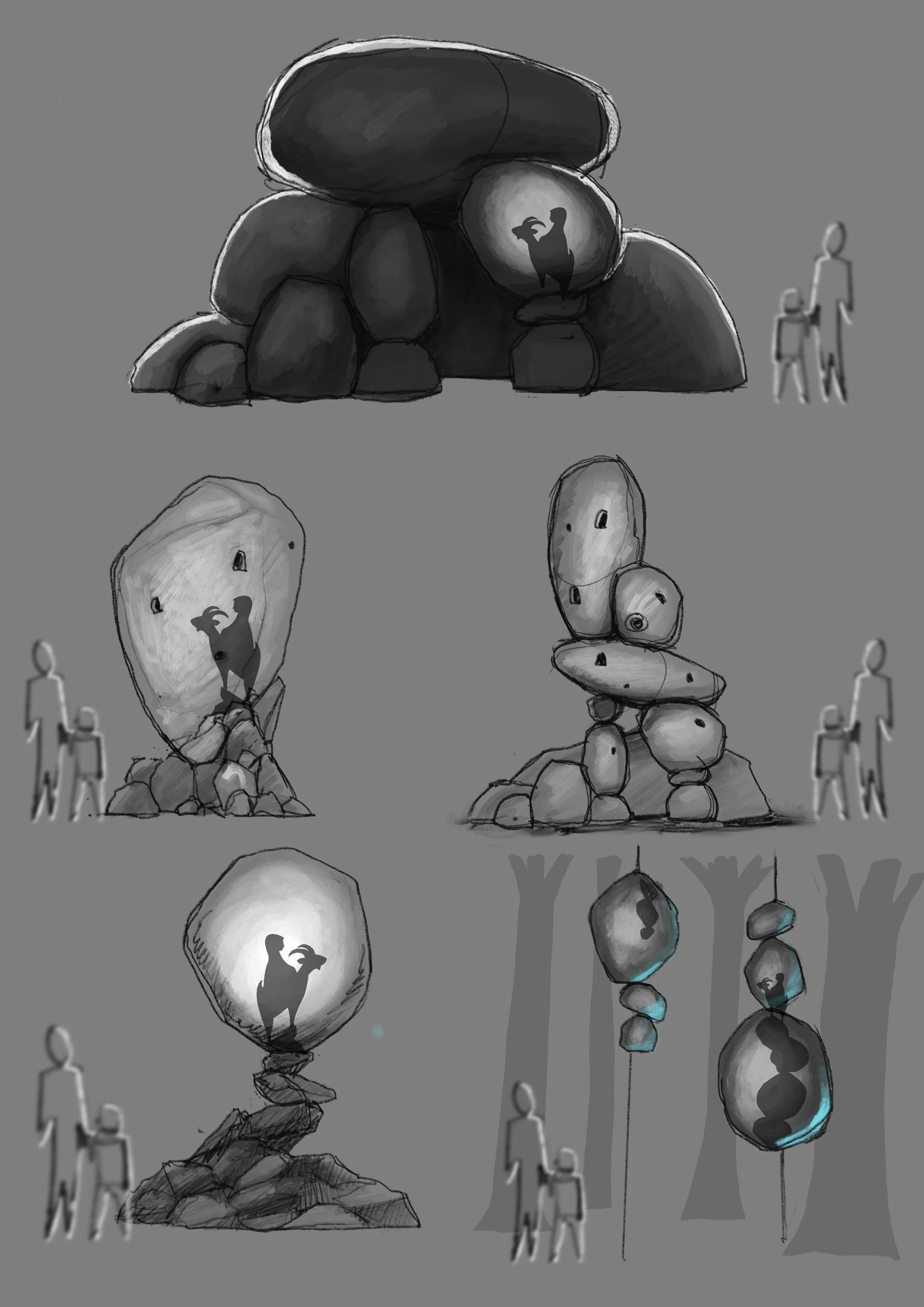 A collection of sketch designs featuring rock formations, balloons with silhouette images of bison, abstract rocky towers, and hanging decorative elements, with people shown for scale.