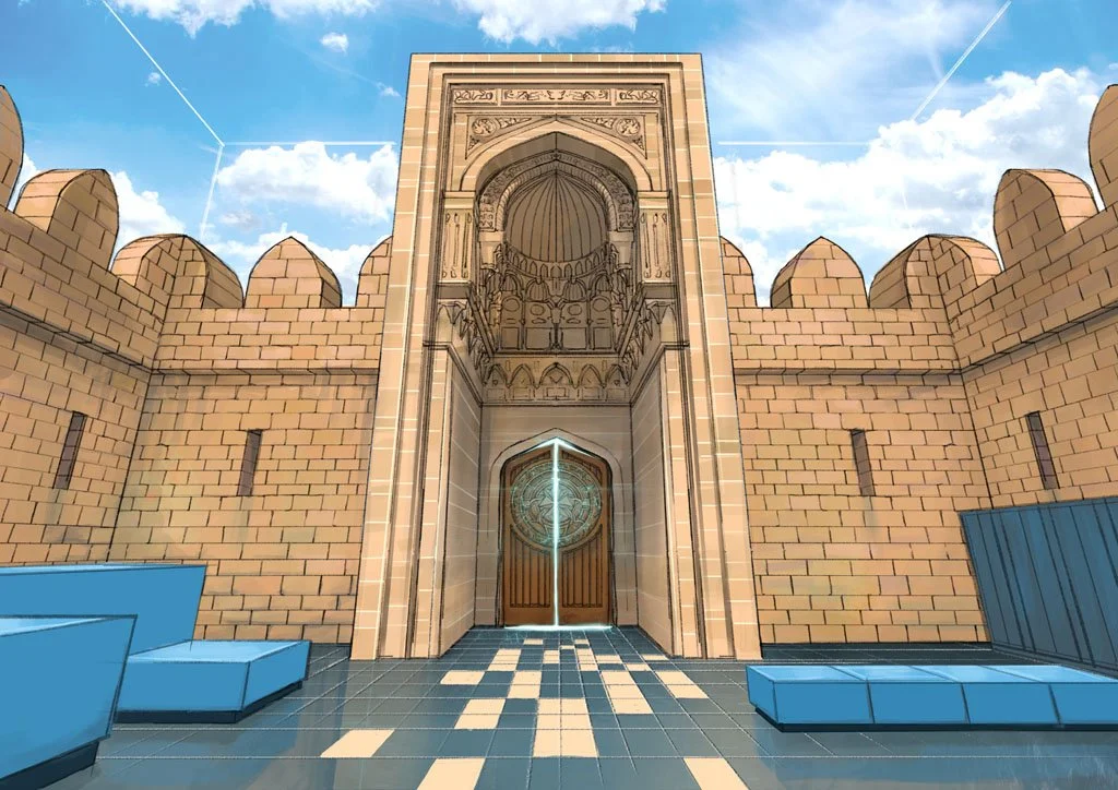 Digital rendering of a large ornate gate with high stone walls and crenellations, blue seating area in front, blue sky with clouds overhead.