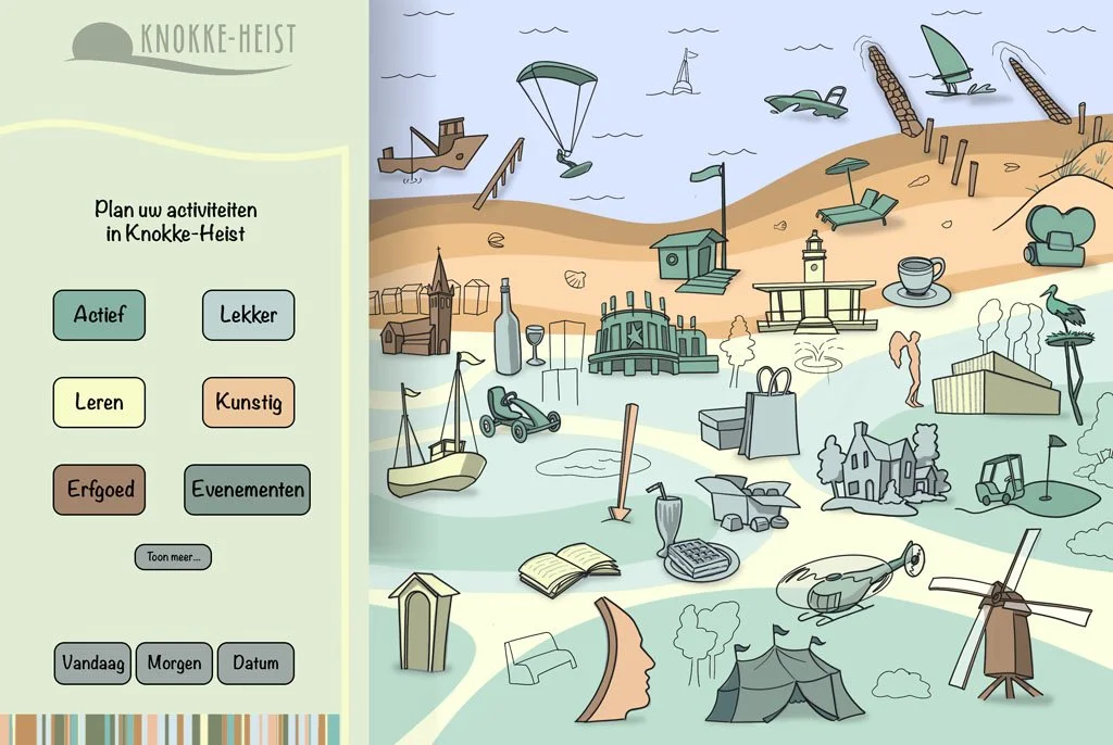 Illustrated beach scene with boats, a lighthouse, a windmill, and various leisure activities like sailing, biking, and camping, with a sidebar menu for planning activities in Knokke-Heist.