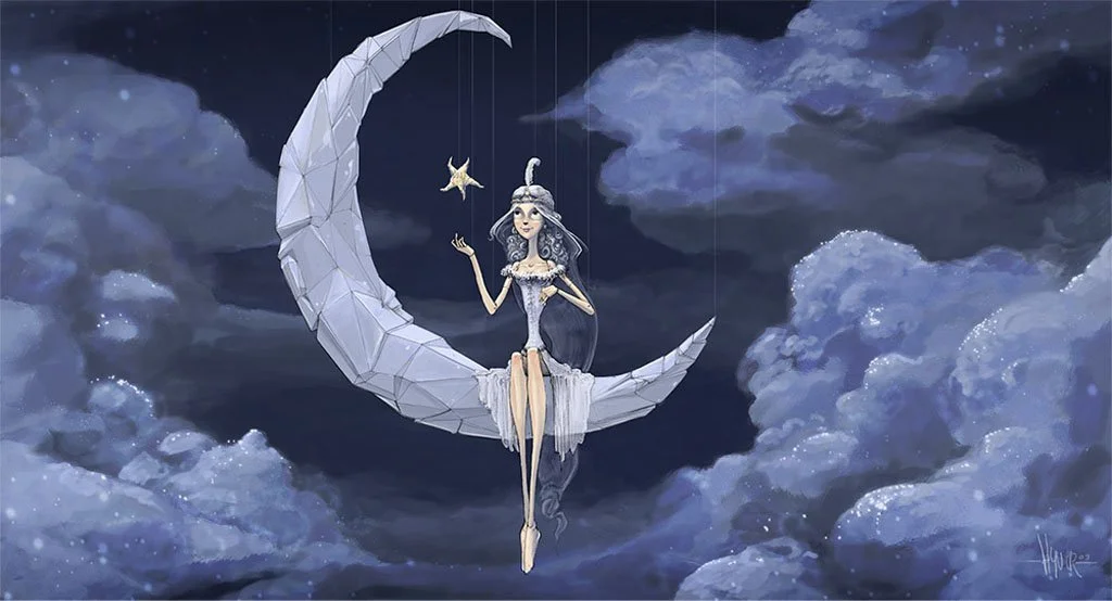 An illustration of a whimsical girl dressed as a fairy sitting on a crescent moon, holding a star, with a star-shaped decoration hanging from the moon, against a cloudy night sky background.