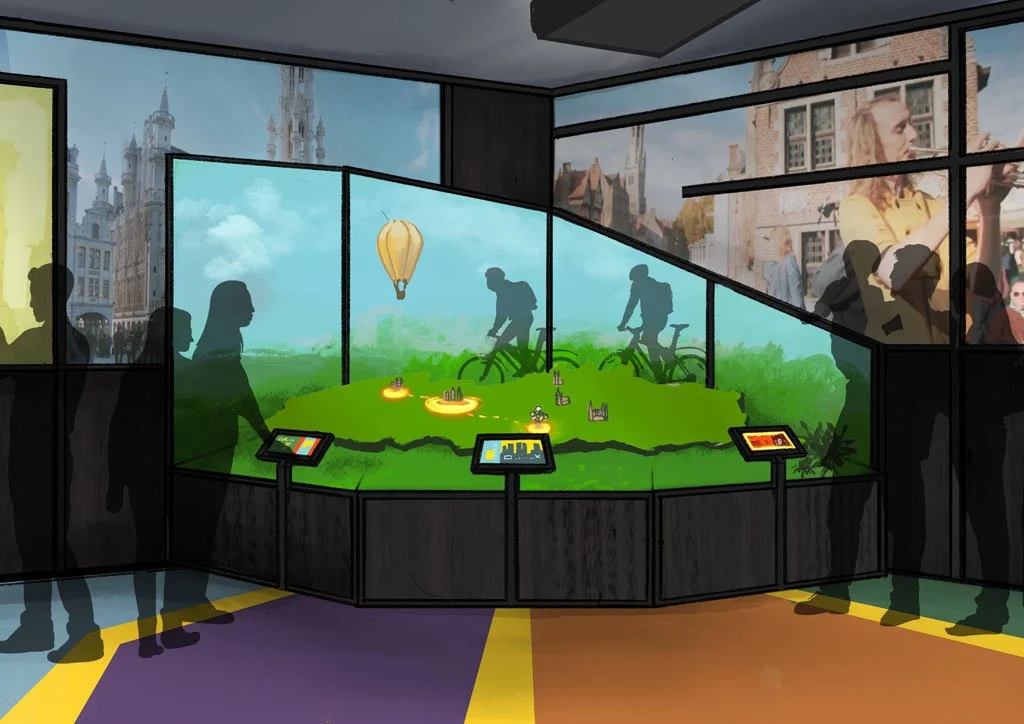 An indoor exhibit with a large glass window displaying a model landscape with silhouettes of people biking and a hot air balloon in a blue sky background. There are informational screens in front of the exhibit and cityscape images on the walls.