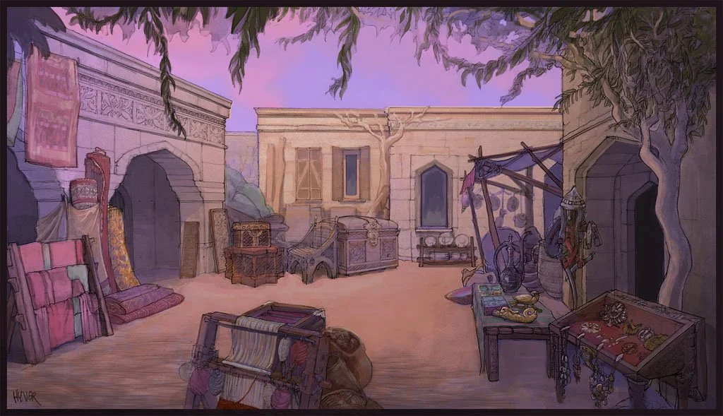 Illustration of an outdoor market scene with traditional Middle Eastern or North African architecture. There are various vintage and handmade items such as rugs, jewelry, pottery, and clothing displayed on tables and hanging on walls. The scene is sh