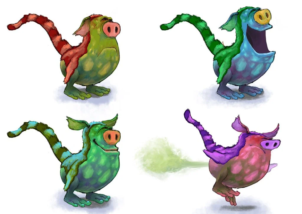 Four colorful, cartoonish birds with pig-like noses and playful expressions, each with a different color scheme and features.