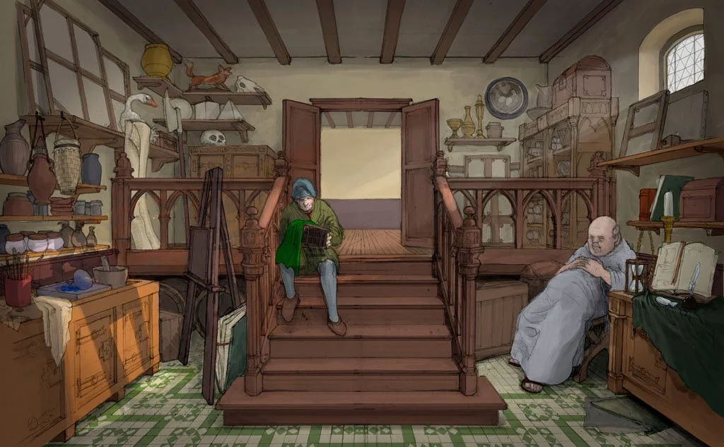 An interior room filled with antique and vintage items, including pottery, animal figures, and books. Two people sit on either side of wooden stairs, one reading and the other resting, with shelves and boxes stacked along the walls.