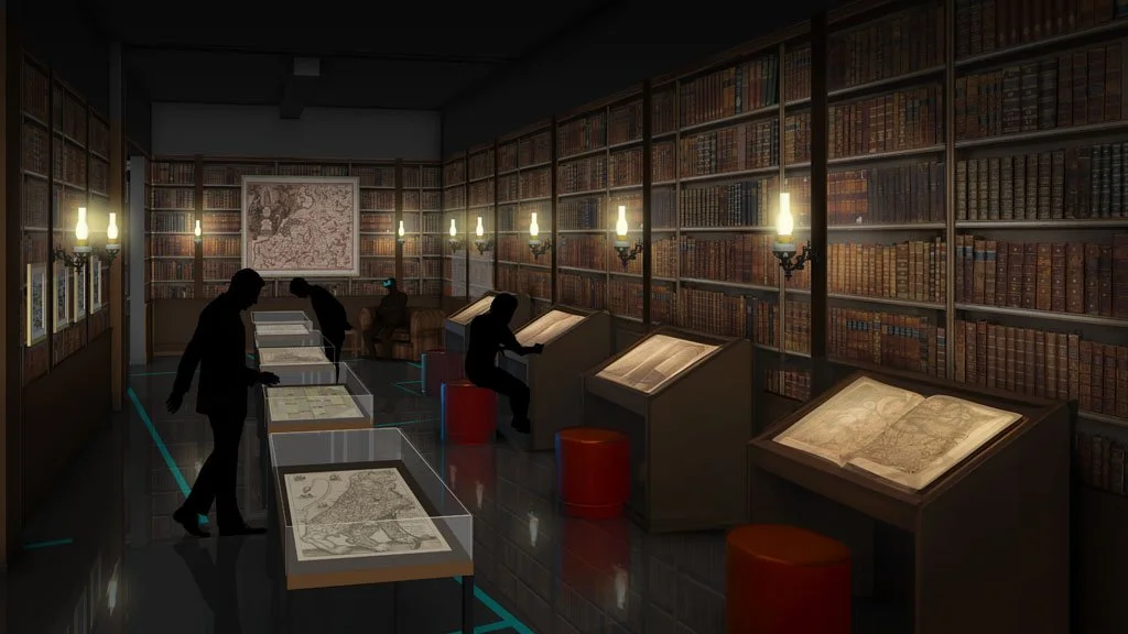 People viewing historical documents and books in a dimly lit library or archive with wooden shelves and wall-mounted lights.