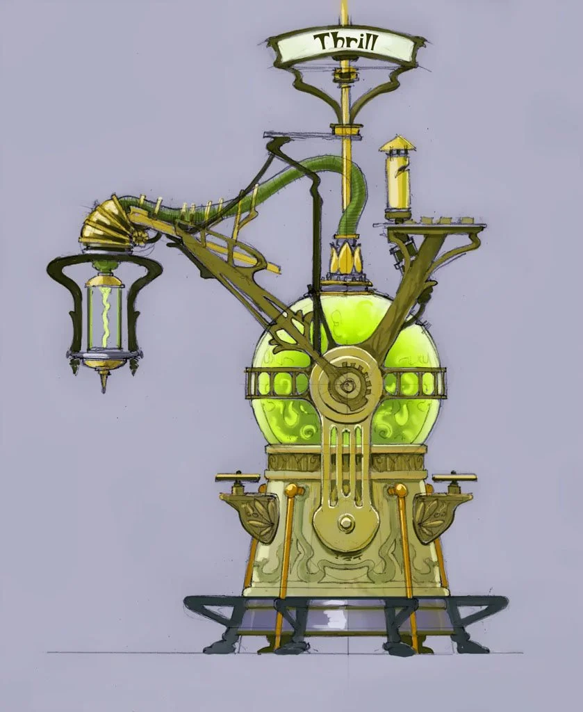 A steampunk-inspired machine with a glowing green central sphere, brass and green metal components, pipes, and gauges, labeled 'Thrill' at the top.