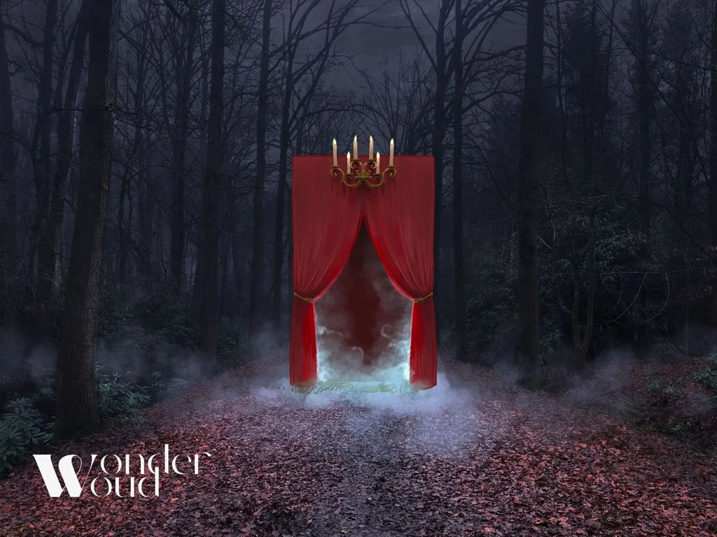 A dark forest with trees and fallen leaves, with red velvet curtains and a gold candelabra with candles, creating the entrance to a magical or mysterious place.