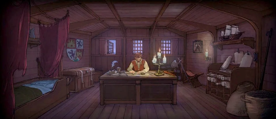 A cozy, medieval-style wooden room with a person sitting at a desk, surrounded by ships models, candles, and old-fashioned furnishings.