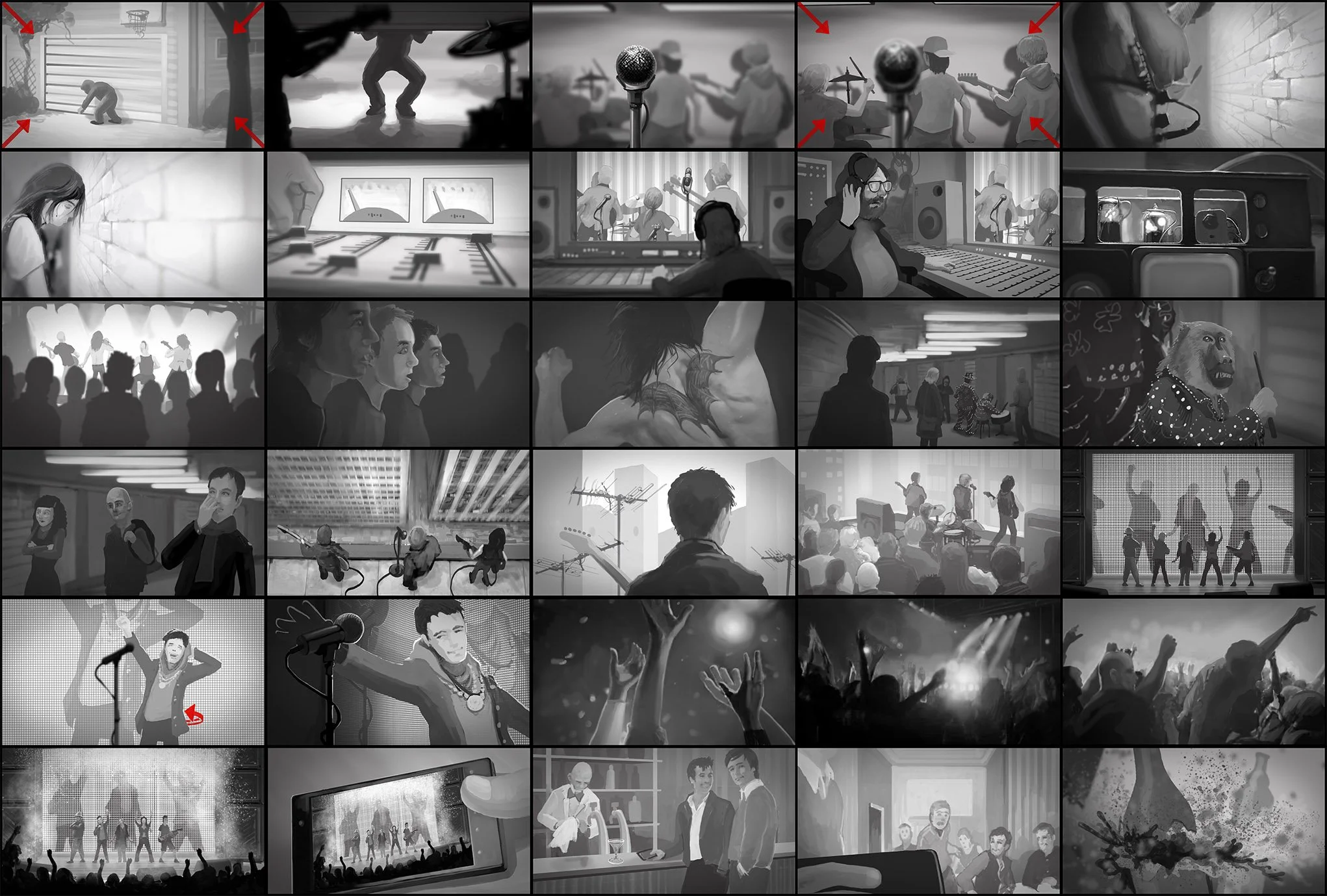 A collage of black-and-white images depicting various scenes of people engaging in entertainment and communication activities, such as music performances, dance, speaking, listening, and technology use.