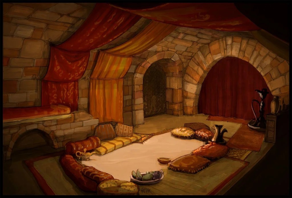A cozy, medieval-style room with stone walls, an arched doorway, and warm-colored drapes. The floor is covered with cushions and rugs, and there are decorative items like a small vase and a cat figure.
