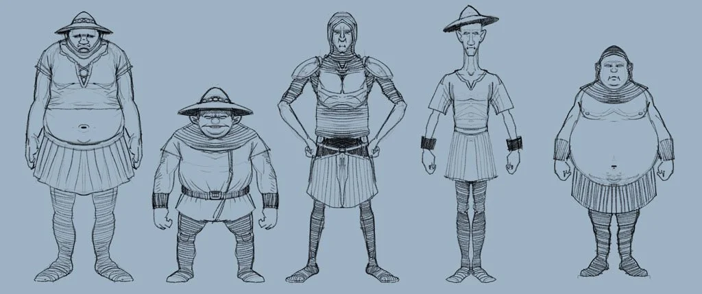 Line drawing of five characters dressed as dwarfs with exaggerated features, wearing similar outfits with hats and striped socks, standing side by side.