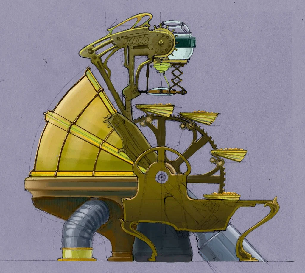 A detailed, colorful drawing of a complex, vintage-inspired mechanical contraption with gears, levers, and pipes, featuring a large yellow fan or blade and various interconnected parts.