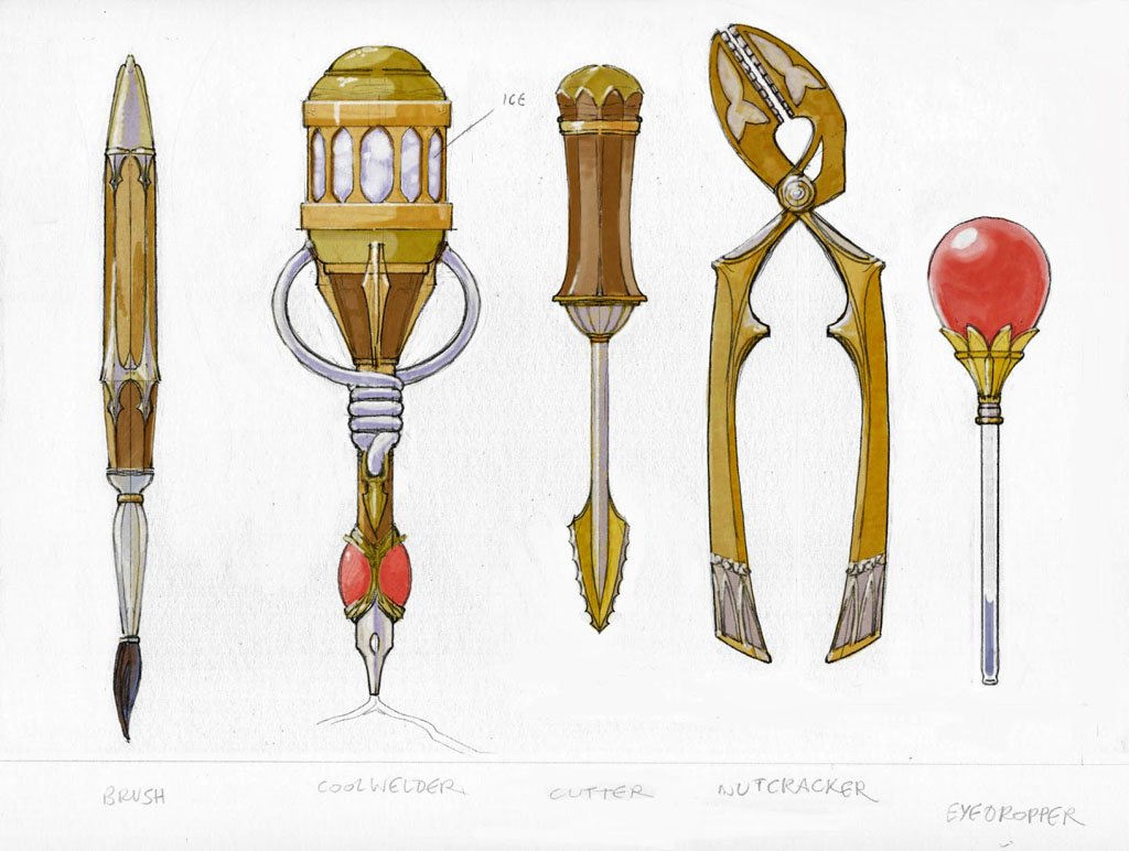 A collection of five fantasy-themed weapons: a brush, a cool welder, a cutter, a nutcracker, and an eye dropper. Each has elaborate gold and metallic designs.