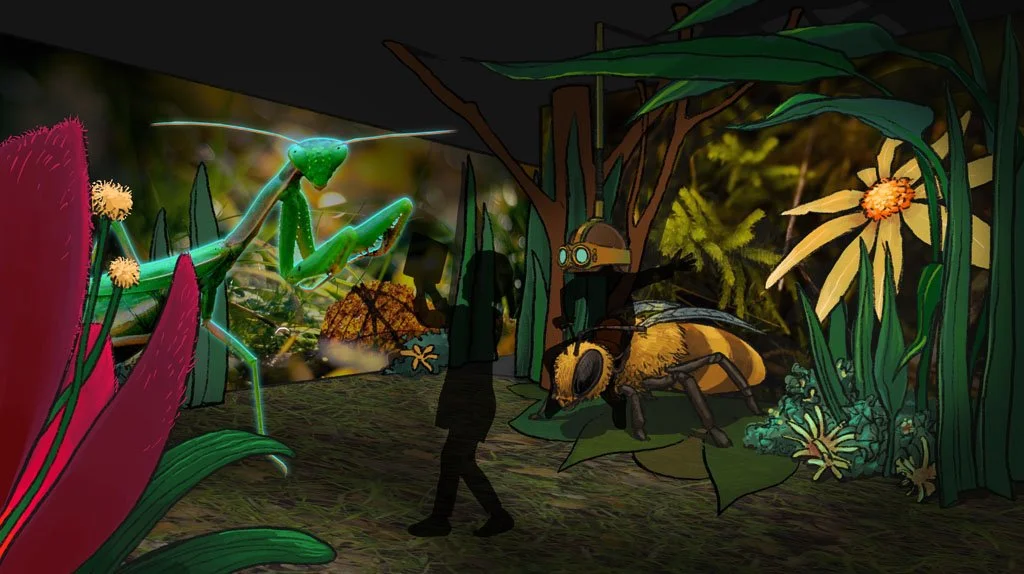 A digital illustration of a vibrant, fantastical scene in a lush jungle with oversized plants and flowers, featuring a large praying mantis, a bee, a person, and a small robot with glowing eyes.