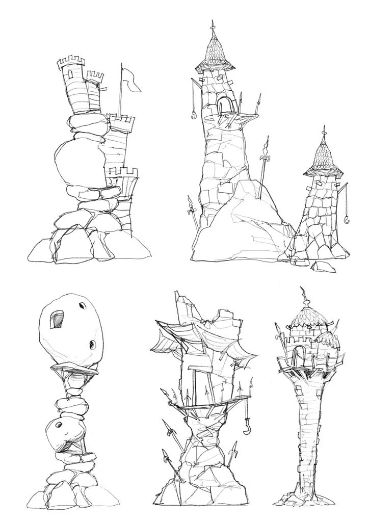 Line sketches of six whimsical fantasy towers and structures on rocks, with various architectural styles including turrets, spires, and balconies.