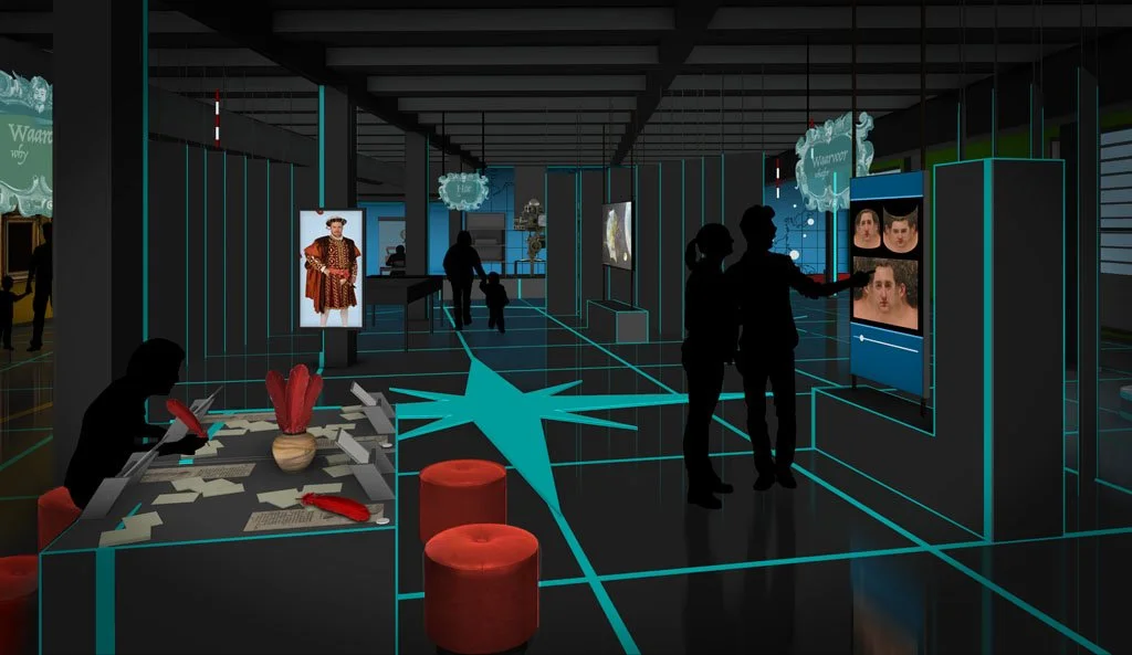 An interactive digital art exhibit with people observing and engaging with screens displaying images and information, illuminated with neon lines and accents.
