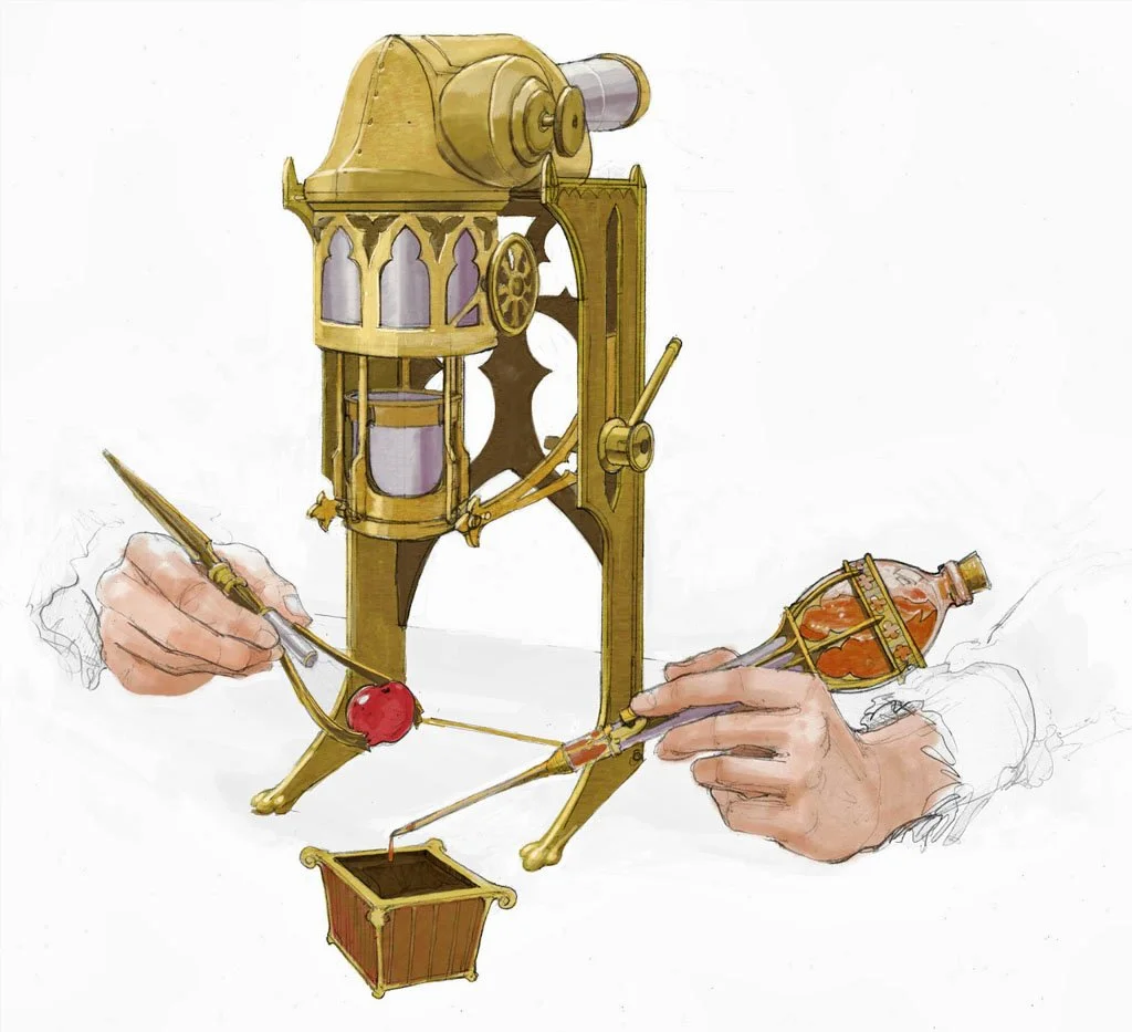 An illustration of a vintage mechanical device with a telescope and various components, operated by hands holding tools and a potion bottle.