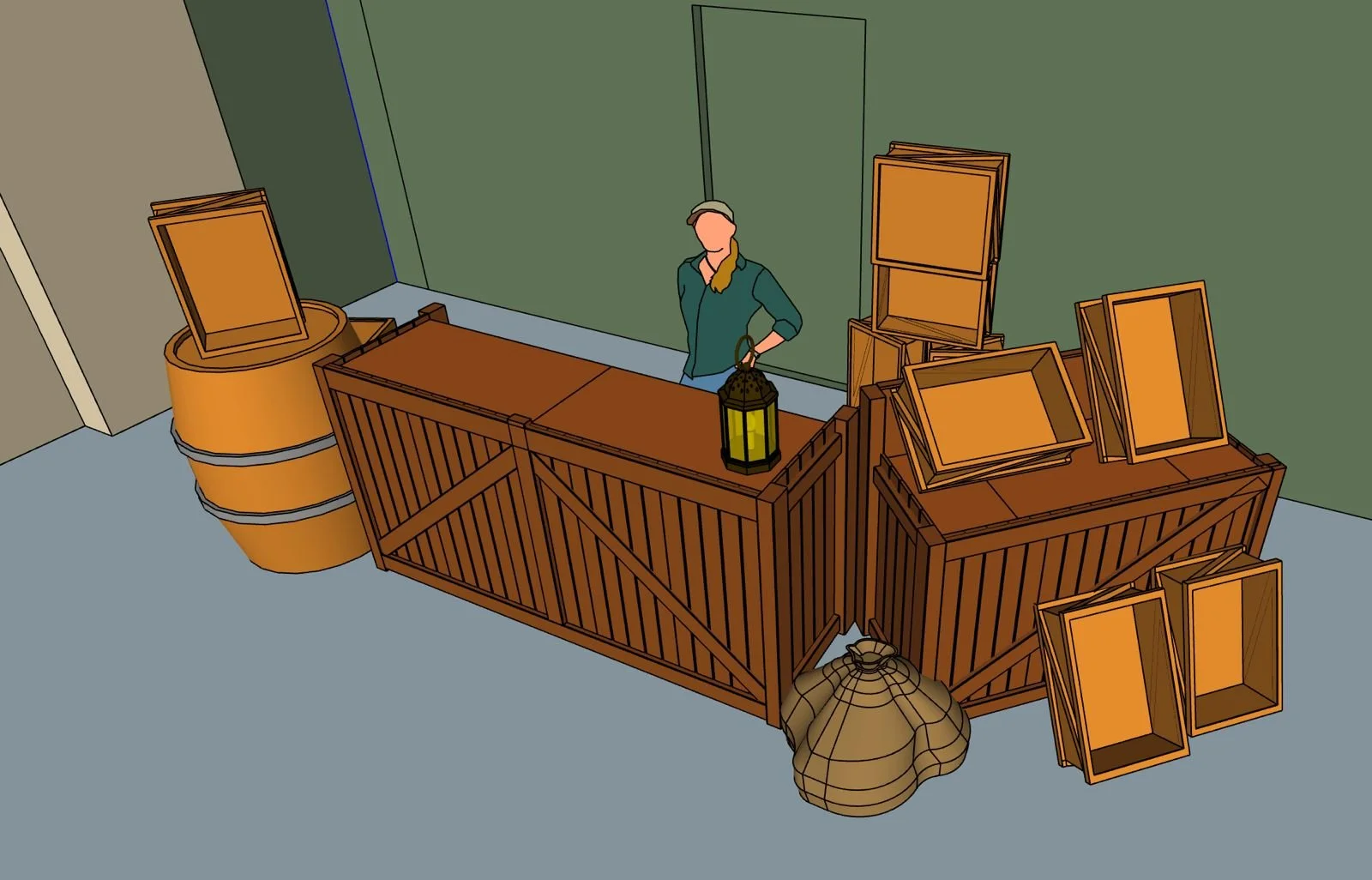 An animated scene of a person standing behind a wooden market stall or booth, surrounded by empty wooden boxes and crates, with a lantern on the stall, a large barrel, and a burlap sack on the ground.