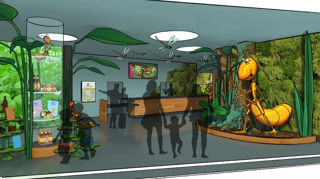 Museum exhibit with a large animated ant mascot on a green wall, display cases, and visitors' silhouettes in the background.