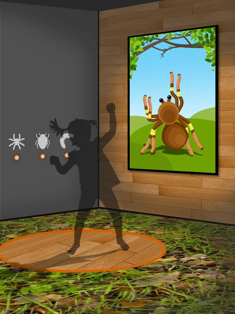 A silhouette of a person standing on a wooden floor, creating a shadow on the wall that mimics an insect with raised arms. On the wall, there are illustrations of three different insects with marked spots, and a large, colorful painting of a cartoon 