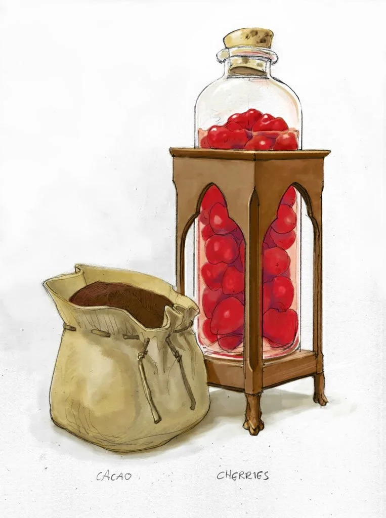 A drawing of a glass jar filled with cherries, a wooden stand also filled with cherries, and a bag labeled 'cacao' containing cacao powder.