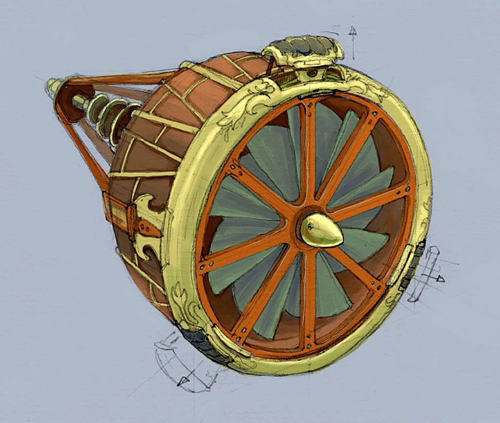 Sketch of a vintage cannon with large wooden wheels and bronze details.