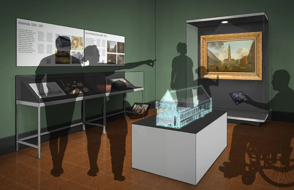 People viewing exhibits at a museum, including a digital display of a building model and a painting with informational panels on the wall.