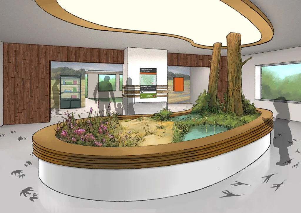 Interior of a nature center with an indoor planter containing trees, plants, and water, and large windows showing outdoor scenery.
