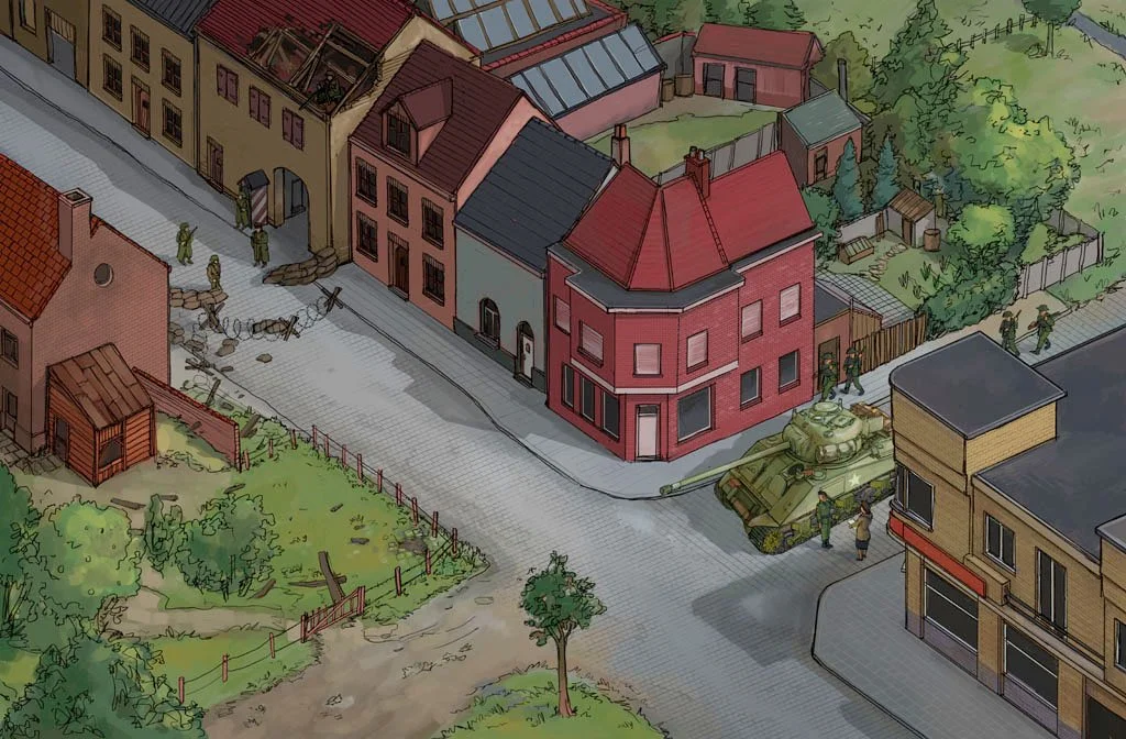 An illustrated city street scene with buildings, trees, and a military tank on a city street, surrounded by soldiers.