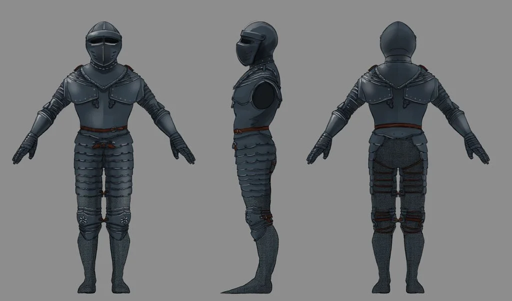 Digital illustration of a medieval knight in full armor shown from front, side, and back views, with a dark gray background.