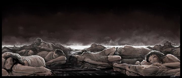 Multiple women lying on their sides in a dark, water-like environment, with a moody sky in the background.