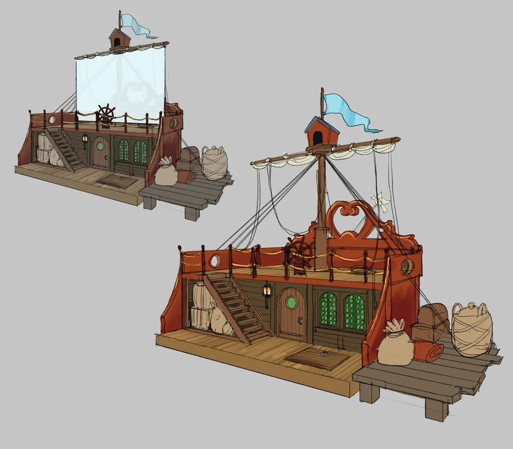 Two pirate ship-themed structures with wooden decks, stairs, and sails, set on a gray background.