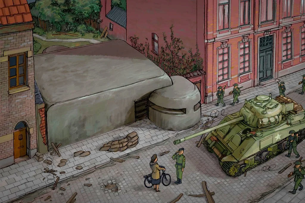 Illustration of a street scene with a tank parked on the road near damaged buildings, soldiers walking, and a woman with a bicycle talking to a soldier, with debris scattered on the cobblestone street.