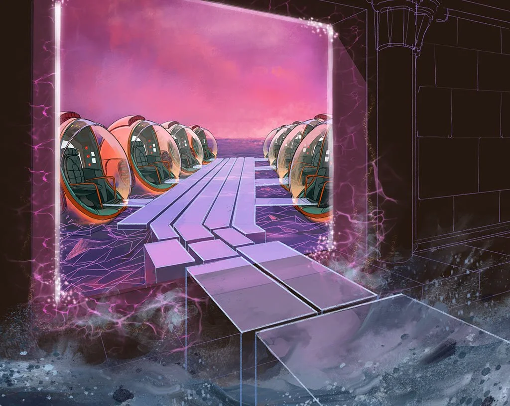 A futuristic scene with seven space capsules on a dock, facing a sunset sky. The setting has a neon pink glow with electricity sparks and a digital grid pattern on the ground, with a pink and purple color palette.