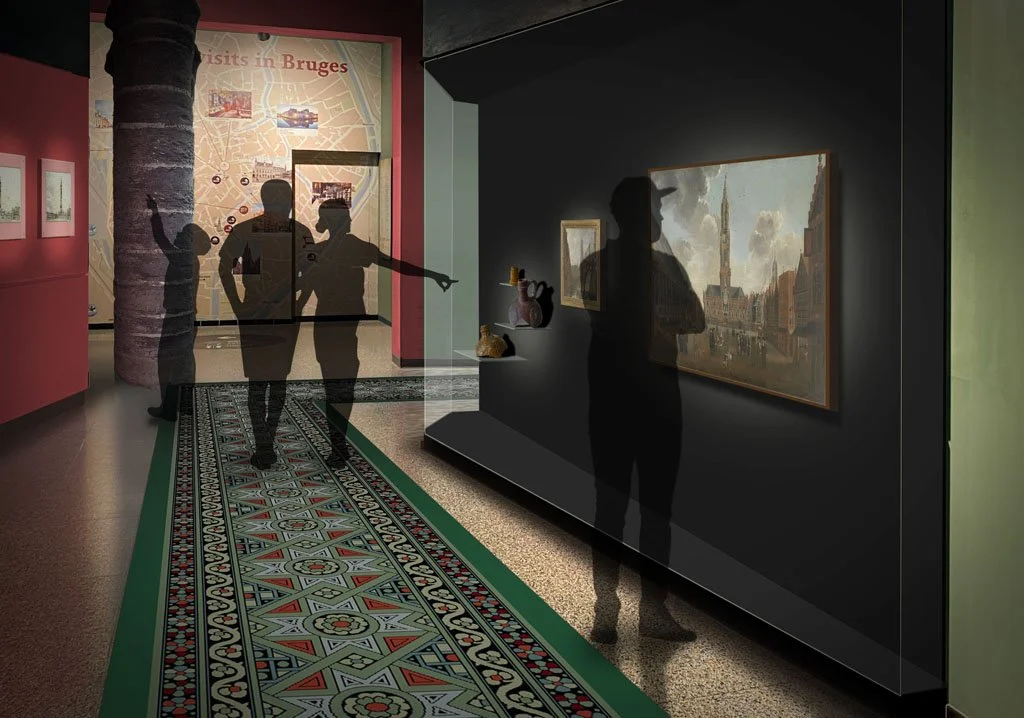 Visitors exploring an art exhibition in a museum, with silhouettes seen through glass, viewing paintings and artifacts displayed on walls