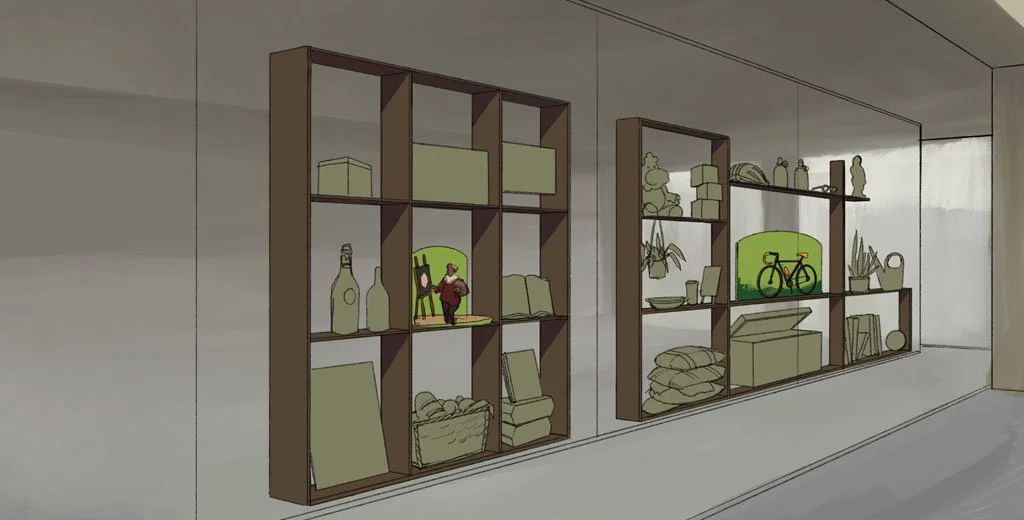Three beige shelves with various decorative items, books, plants, and toys, set against a gray wall in a room.